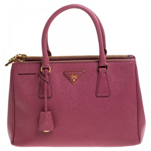 Pre Owned Prada Pink Saffiano Lux Leather Small Double Zip Tote
