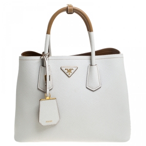Pre Owned Prada White/Tan Saffiano Cuir Leather Medium Double Handle Tote