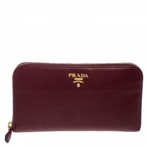 Pre Owned Prada Burgundy Leather Zip Around Continental Wallet