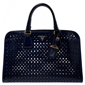 Pre Owned Prada Dark Blue Perforated Saffiano Fori Patent Leather Satchel