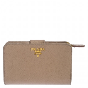 Pre Owned Prada Beige Saffiano Leather Compact Wallet