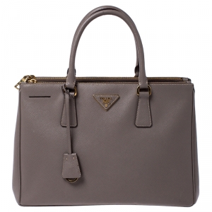 Pre Owned Prada Beige Saffiano Lux Leather Medium Double Zip Tote