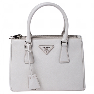 Pre Owned Prada White Saffiano Lux Leather Mini Double Zip Tote