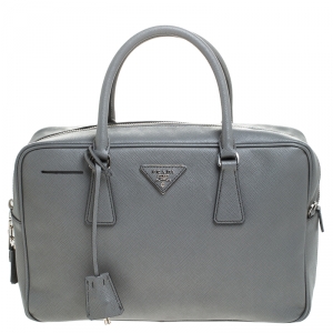 Pre Owned Prada Grey Leather Saffiano Leather Bauletto Satchel 