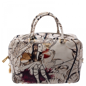 Pre Owned Prada Beige Astro Cervo Lux Leather Limited Edition Print Fairy Bag
