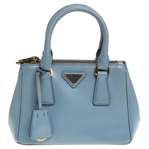 Pre Owned Prada Baby Blue Saffiano Lux Leather Mini Double Zip Tote