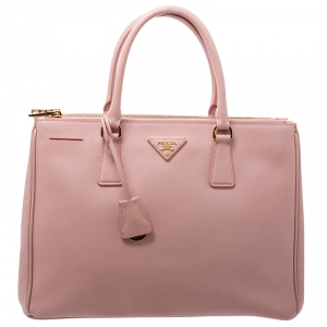 Pre Owned Prada Pink Saffiano Lux Leather Medium Double Zip Tote