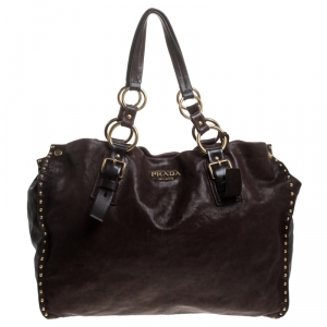 Pre Owned Prada Brown Nappa Leather Studded Antik Tote 