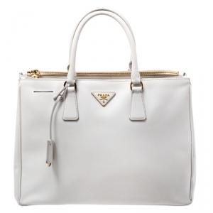 Pre Owned Prada Off White Saffiano Lux Leather Large Double Zip Tote