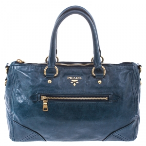 Pre Owned Prada Teal Vitello Daino Leather Front Zip Tote