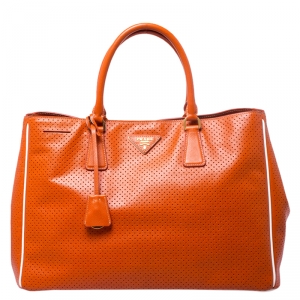 Pre Owned Prada Orange Perforated Saffiano Lux Leather Large Gardener's Tote