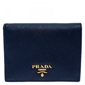 Pre Owned Prada Blue Saffiano Leather Compact Flap Wallet