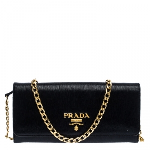 Pre Owned Prada Black Vitello Move Leather Borsa Portafoglio Chain Bag