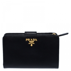 Pre Owned Prada Black Saffiano Leather Zip Around Compact Wallet