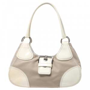 Pre Owned Prada White Leather and Canvas Shoulder Bag