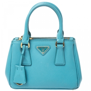 Pre Owned Prada Turquoise Saffiano Lux Leather Mini Double Zip Tote
