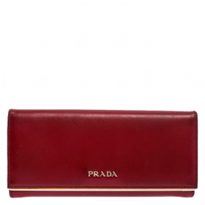 Pre Owned Prada Red Saffiano Lux Leather Continental Wallet
