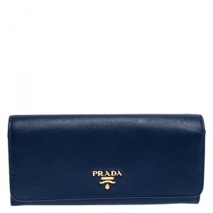 Pre Owned Prada Blue Saffiano Lux Leather Continental Wallet