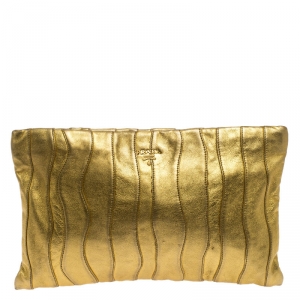 Pre Owned Prada Metallic Gold Wave Leather Clutch