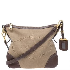 Prada Khaki/Brown Canvas and Leather Jacquard Logo Messenger Bag