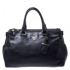 Pre Owned Prada Black Soft Leather Double Zip Tote 