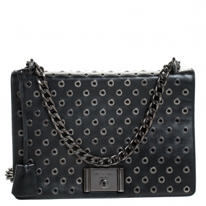 Pre Owned Prada Black Leather Grommet Chain Shoulder Bag