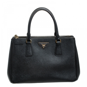 Pre Owned Prada Black Saffiano Lux Leather Small Double Zip Tote
