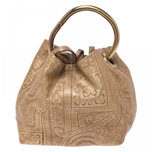 Pre Owned Prada Gold Printed Leather Ring Pouch