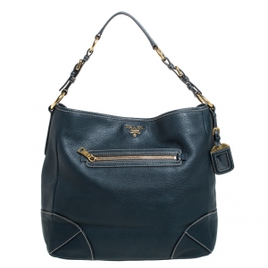Pre Owned Prada Navy Blue Leather Front Zip Hobo