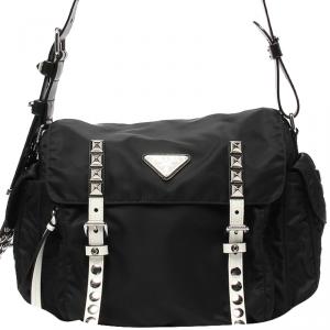 Prada Black New Vela Nylon Studded Messenger Bag