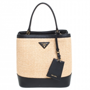 Pre Owned Prada Black/Beige Straw and Leather Medium Panier Top Handle Bag