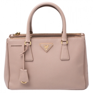 Pre Owned Prada Beige Saffiano Lux Leather Small Double Zip Tote