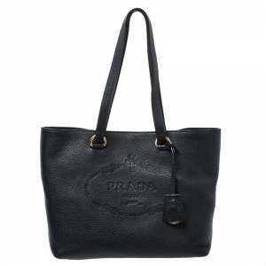 Pre Owned Prada Black Vitello Daino Leather Logo Embossed Tote