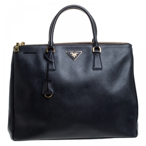 Pre Owned Prada Black Saffiano Leather Executive Double Zip Tote