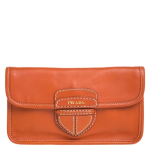 Pre Owned Prada Orange Leather City Clutch