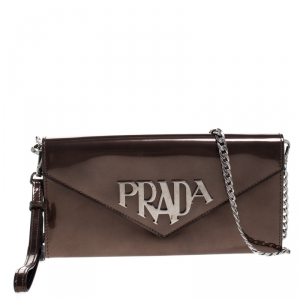 Pre Owned Prada Bronze Patent Leather Spazzolato Logo Envelope Chain Clutch