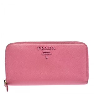 Pre Owned Prada Pink Saffiano Lux Leather Logo Zip Around Wallet 