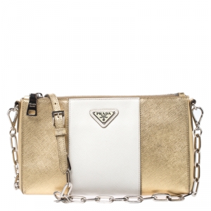 Pre Owned Prada Metallic Gold/Off White Saffiano Leather Crossbody Bag