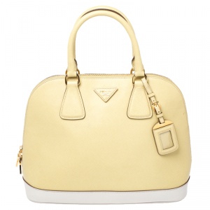 Pre Owned Prada Yellow/Off White Saffiano Lux Leather Medium Promenade Bag