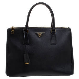 Pre Owned Prada Black Saffiano Lux Leather Medium Galleria Double Zip Tote