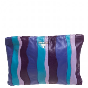Pre Owned Prada Multicolor Stripes Leather Zip Clutch