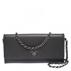 Pre Owned Prada Grey Saffiano Lux Leather Wallet on Chain