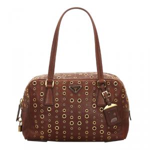 Pre Owned Prada Brown Grommet Leather Shoulder Bag