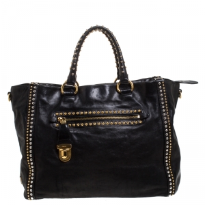 Pre Owned Prada Black Leather Gold/Silver Studded Tote