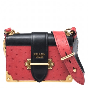 Pre Owned Prada Black/Red Leather and Ostrich Cahier Flap Shoulder Bag