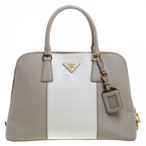 Pre Owned Prada Grey/Off White Saffiano Lux Leather Medium Promenade Tote