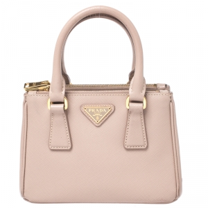 Pre Owned Prada Old Rose Saffiano Lux Leather Mini Double Zip Tote