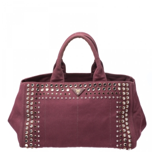 Pre Owned Prada Burgundy Canvas Crystal Studded Tote