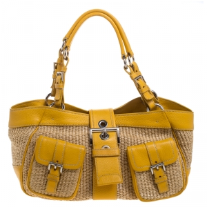 Pre Owned Prada Yellow/Natural Straw Front Pocket Satchel