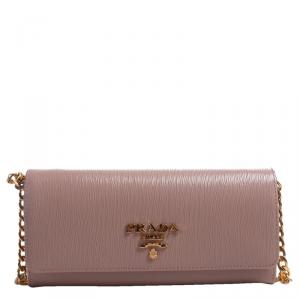 Pre Owned Prada Nude Saffiano Leather Wallet On Chain